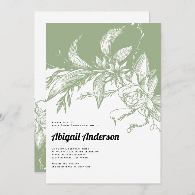 Sage green and white flowers wedding bridal shower invitation (Front/Back)