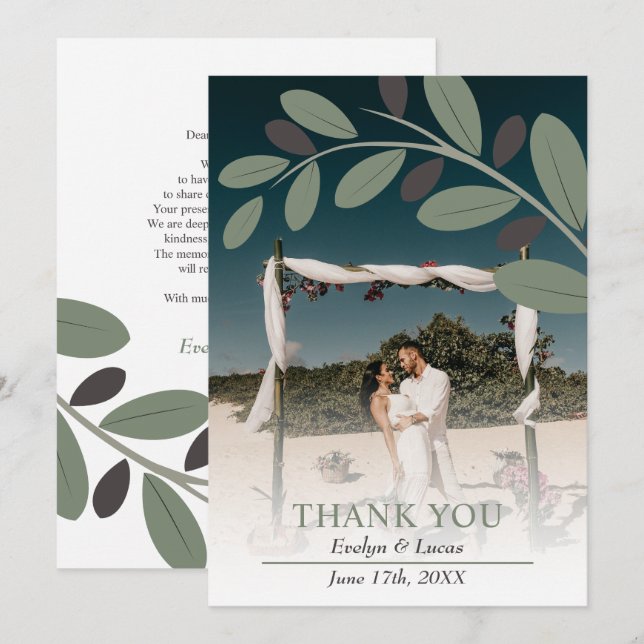 Sage green and white flowers wedding photo  thank you card (Front/Back)