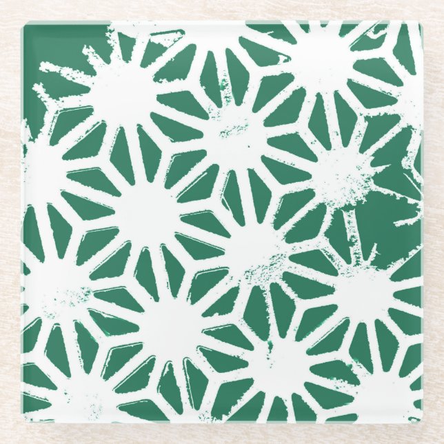 Sage green and white geometric pattern glass coaster (Front)