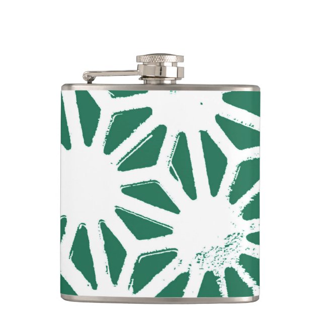 Sage green and white geometric pattern hip flask (Front)