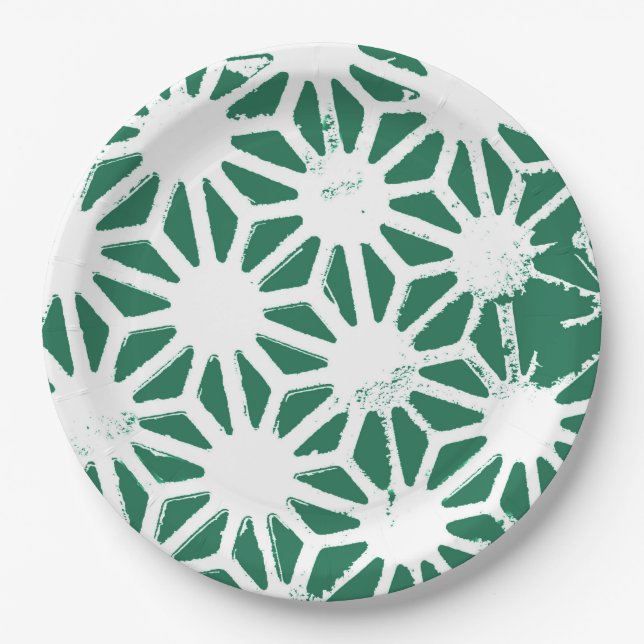 Sage green and white geometric pattern paper plate (Front)