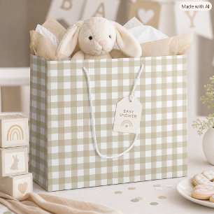 Sage Green and White Gingham Check Plaid Large Gift Bag