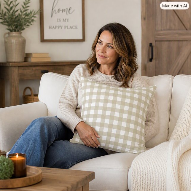 Sage Green and White Gingham Farmhouse Pattern Cushion (A throw pillow with a sage green and white gingham plaid pattern.)