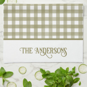 Sage Green and White Gingham Plaid Personalized Tea Towel