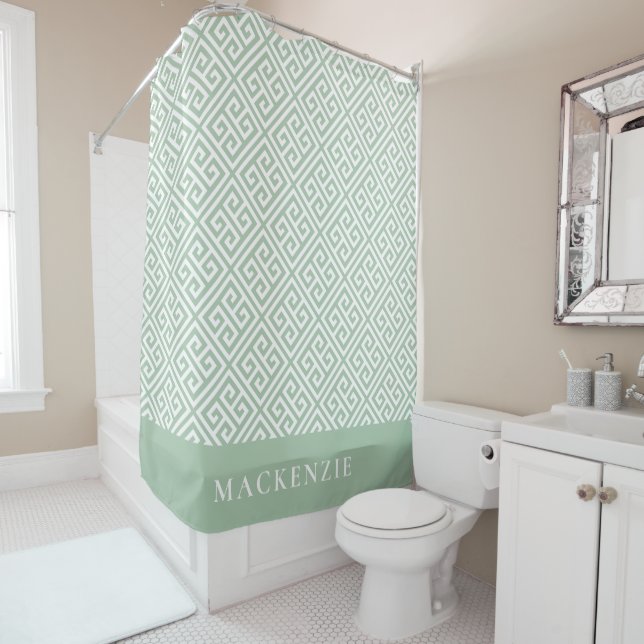 Sage Green and White Greek Key Name Monogram Shower Curtain (In Situ)