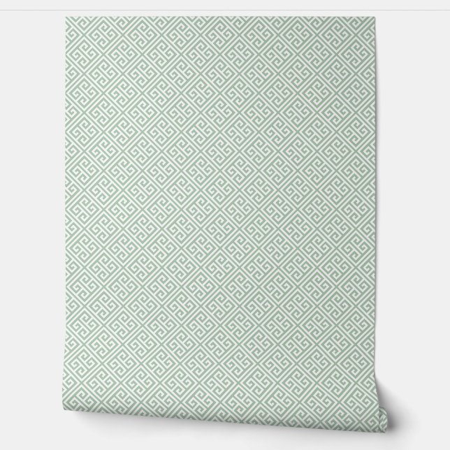 Sage Green and White Greek Key Pattern Wallpaper (Unrolling)