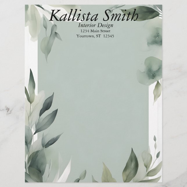Sage Green and White Leaves Custom Letterhead (Front)