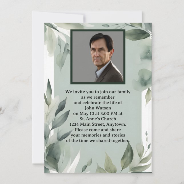 Sage Green and White Leaves Photo Memorial Invitation (Front)