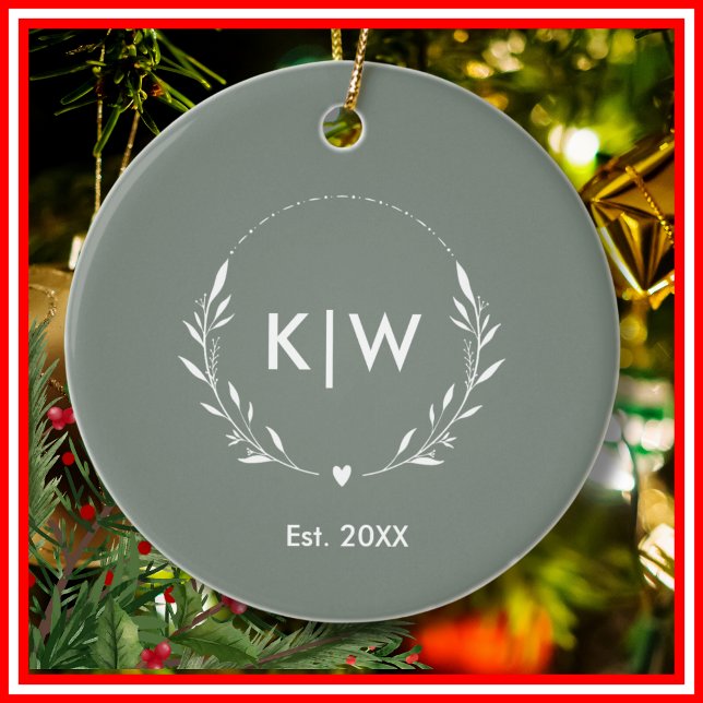 Sage Green and White | Modern Initials Monogram Ceramic Ornament (Creator Uploaded)