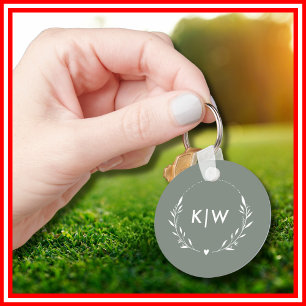 Sage Green and White Modern Initials Monogram Key Ring