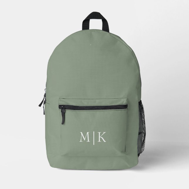 Sage Green and White | Modern Monogram Printed Backpack (Front)