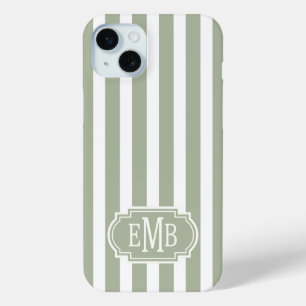 Sage Green and White Monogrammed Stripes iPhone 15 Mini Case