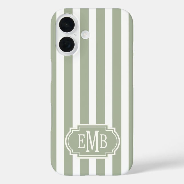 Sage Green and White Monogrammed Stripes Case-Mate iPhone Case (Back)