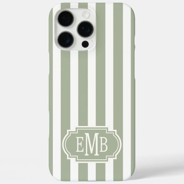Sage Green and White Monogrammed Stripes Case-Mate iPhone Case (Back)