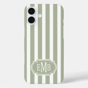 Sage Green and White Monogrammed Stripes iPhone 16 Plus Case