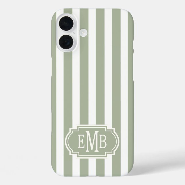 Sage Green and White Monogrammed Stripes Case-Mate iPhone Case (Back)