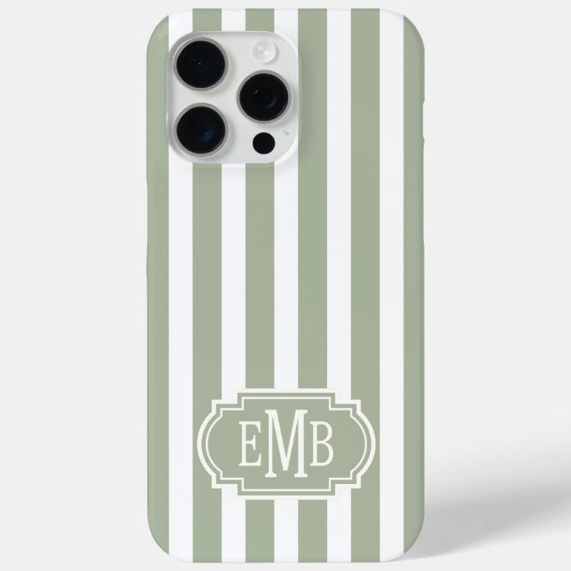 Sage Green and White Monogrammed Stripes Case-Mate iPhone Case (Back)