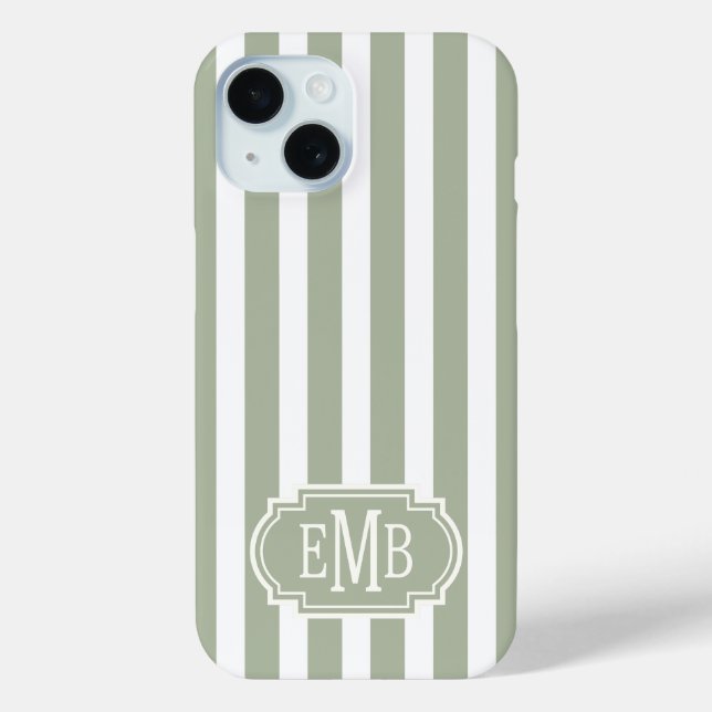 Sage Green and White Monogrammed Stripes Case-Mate iPhone Case (Back)