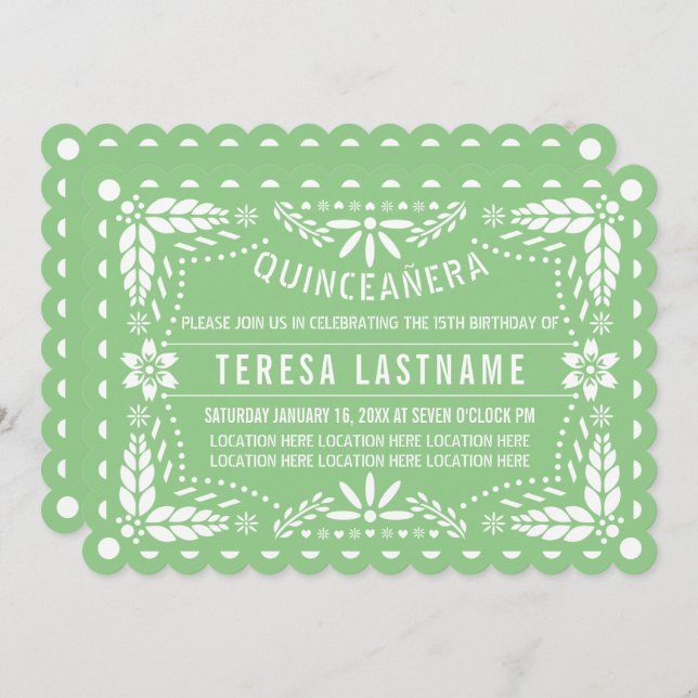 Sage green and white papel picado Quinceañera Invitation (Front/Back)