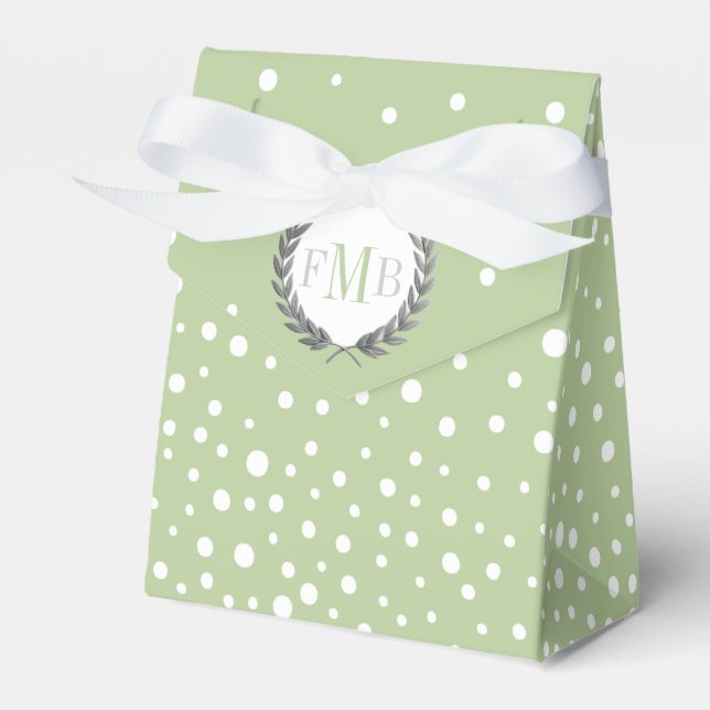 Sage green and white polka dot pattern wedding fav favour box (Front Side)