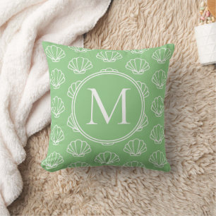Sage Green and White Scallop Shells Monogram Cushion
