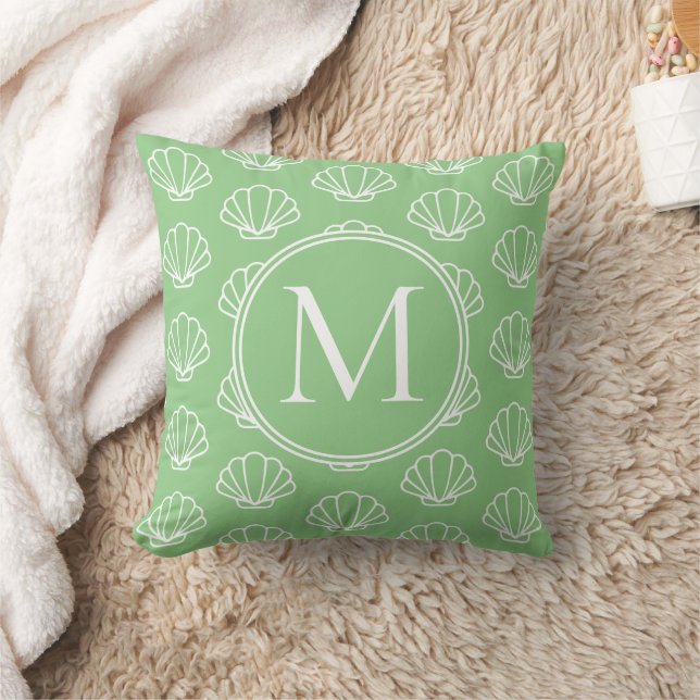 Sage Green and White Scallop Shells Monogram Cushion (Blanket)