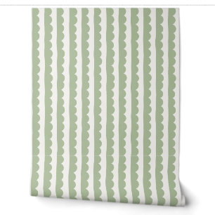 Sage Green and White Scalloped Stripe Wallpaper
