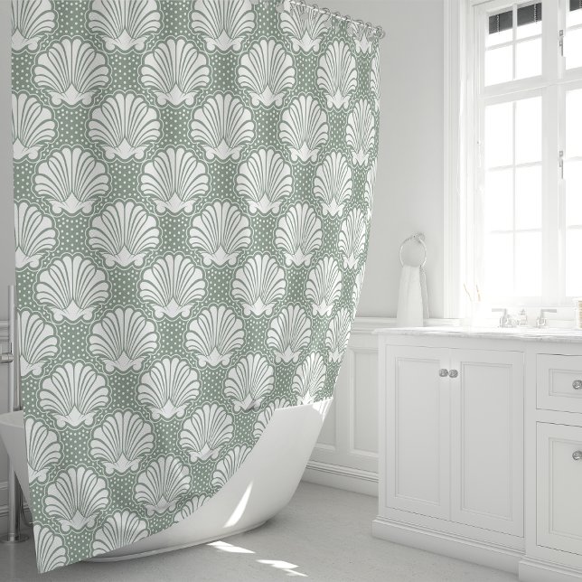 Sage Green and White Seashell Coastal  Shower Curtain (Creator Uploaded)