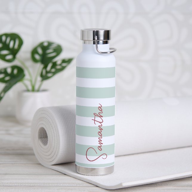 Sage Green and White Stripes Personalised Water Bottle (Yoga)