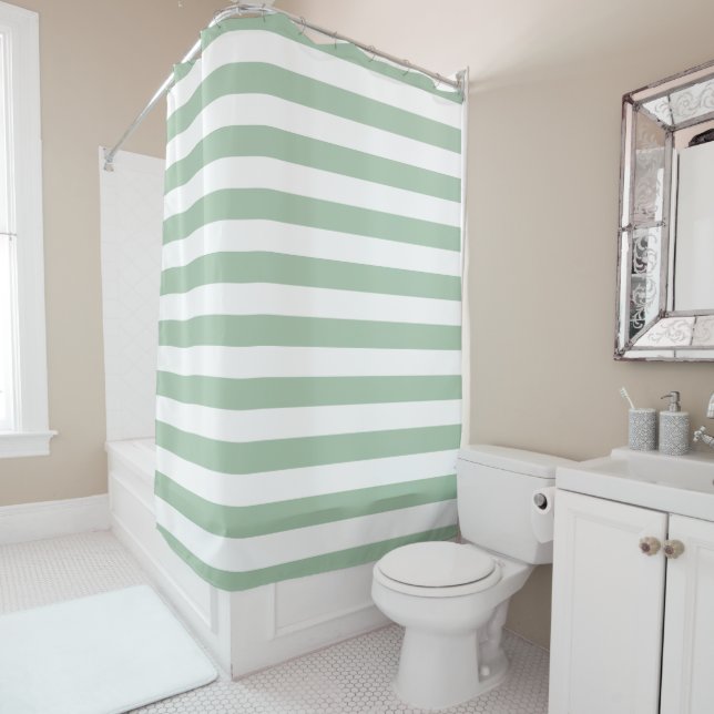 Sage Green and White Stripes Shower Curtain (In Situ)