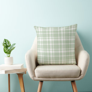 Sage Green and White Tartan Plaid Pattern Cushion