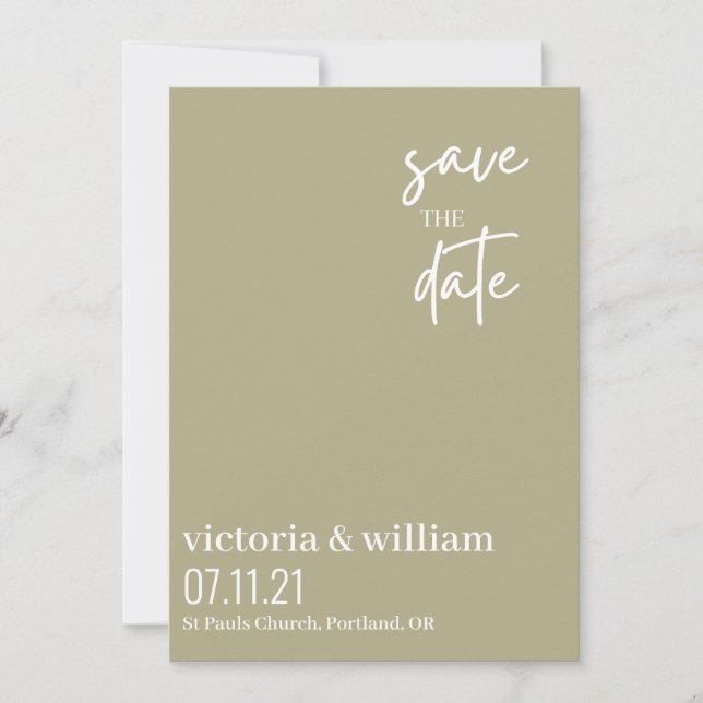 sage green and white trendy modern save the date (Front)
