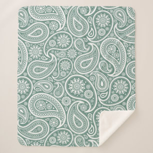 Sage green and white vintage  paisley pattern sherpa blanket