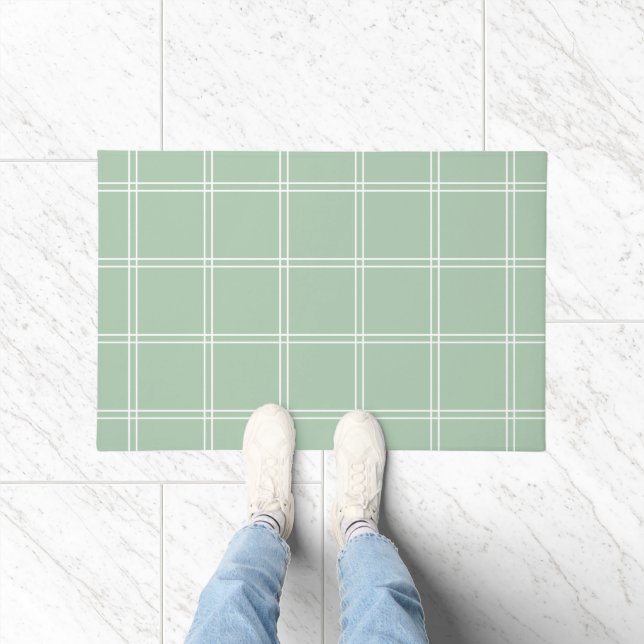 Sage Green and White Windowpane Check Doormat (Indoor)