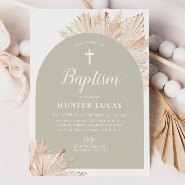 Sage Green Arch Boho Floral Boys Baptism Invitation (Sage Green Boho Baptism Invitation)