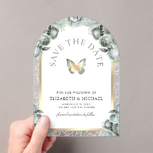 Sage Green Arch Butterfly Wedding Save the Date Acrylic Invitations