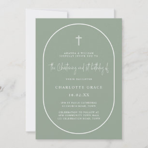 Sage Green Arch Modern Joint Christening Birthday Invitation
