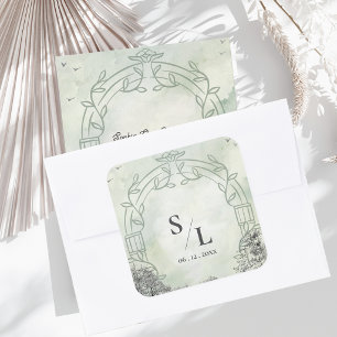 Sage Green Arch Monogram Initials Wedding Envelope Square Sticker