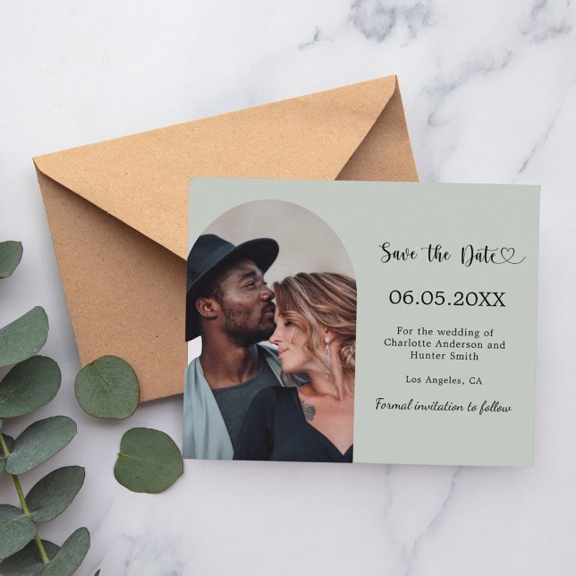 Sage green arch photo budget wedding Save the Date Flyer (Creator Uploaded)