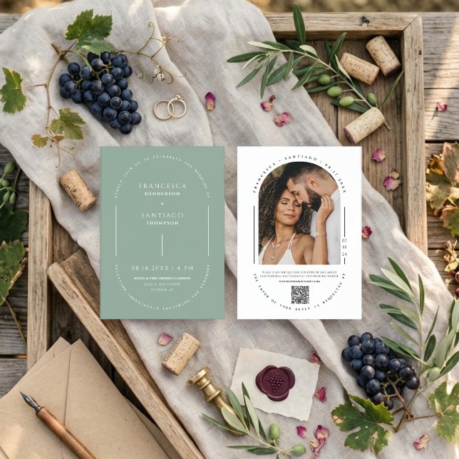 Sage Green Arch QR Code Wedding Photo Invite (Creator Uploaded)