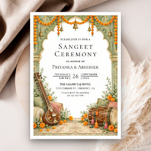 Sage Green Arch Sitar Dholak Sangeet Ceremony Invitation