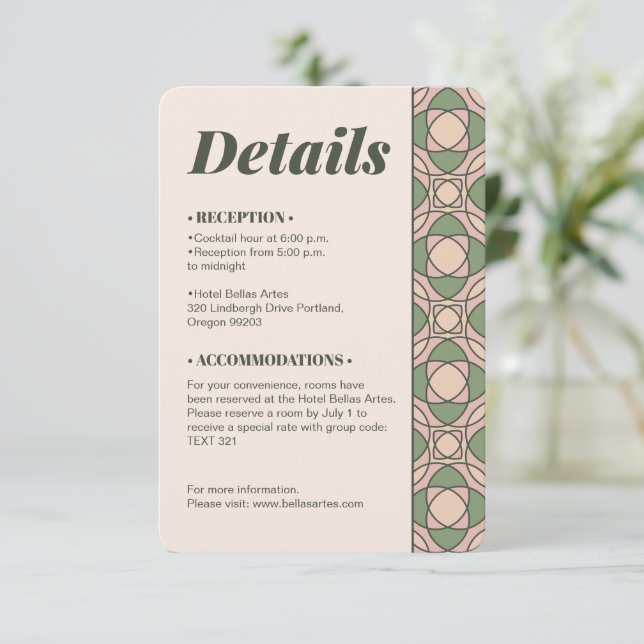 Sage Green Art Deco Wedding Details QR Code Card (Standing Front)