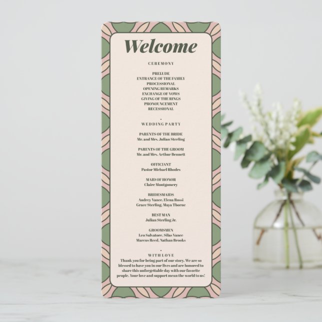 Sage Green Art Deco Wedding Program Card (Standing Front)