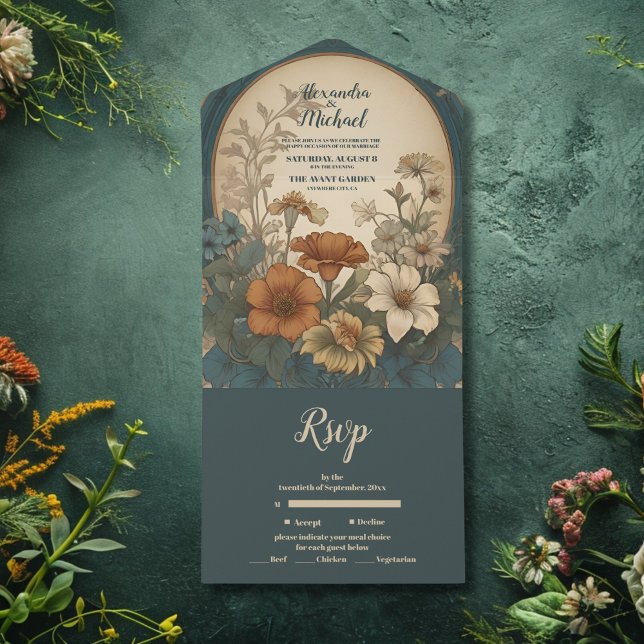 Sage Green Art Nouveau Alphonse Mucha Wedding All In One Invitation (Creator Uploaded)