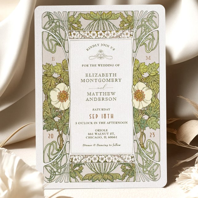 Sage Green Art Nouveau Alphonse Mucha Wedding Invitation (Creator Uploaded)