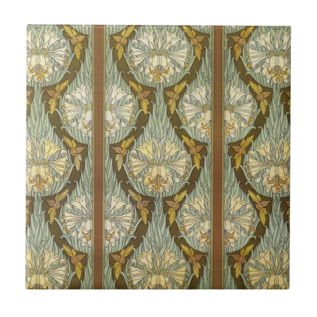 Sage Green Art Nouveau Lily Insect Pattern Ceramic Tile (Front)