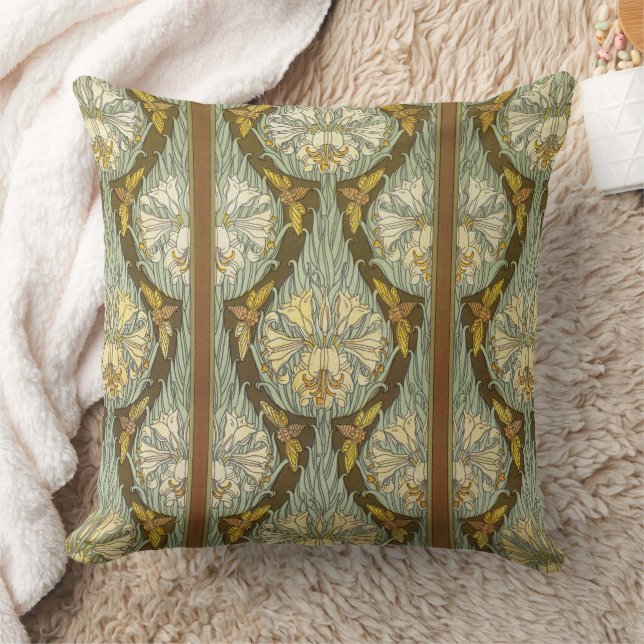 Sage Green Art Nouveau Lily Insect Pattern Cushion (Blanket)