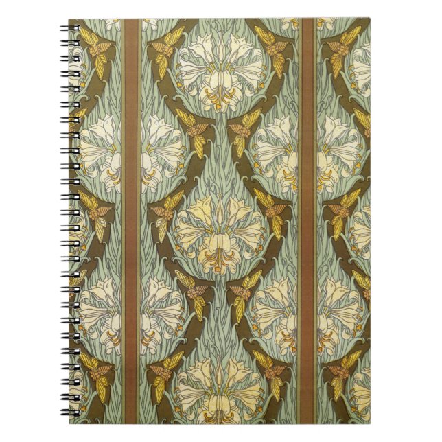 Sage Green Art Nouveau Lily Insect Pattern Notebook (Front)
