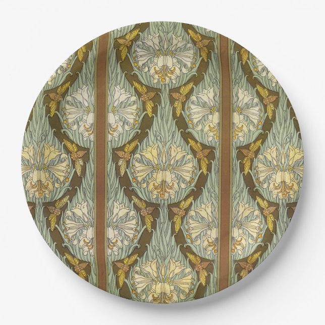 Sage Green Art Nouveau Lily Insect Pattern Paper Plate (Front)