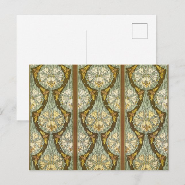 Sage Green Art Nouveau Lily Insect Pattern Postcard (Front/Back)